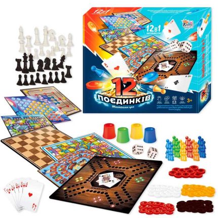 гр Гра 12 Поєдинків 92918 (12/2) "4FUN Game Club", ігрові поля, фішки, карти, шахи, шашки, кубик, в коробці