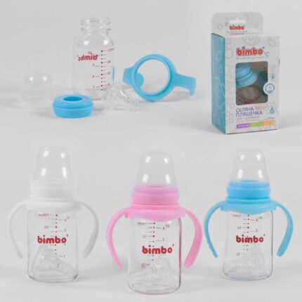 гр Пляшка скляна 55870 (48) з силіконовою соскою, "BIMBO", 120 мл, 3 кольори, 1шт в коробці