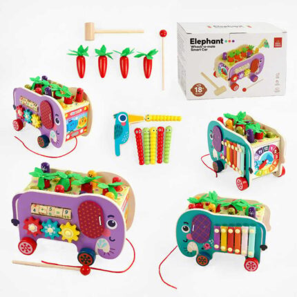 Каталка логічна C 68265 (24) дерев’яна, ксилофон, шестерні, пальчикові гра, годинник, стукавка, в коробці