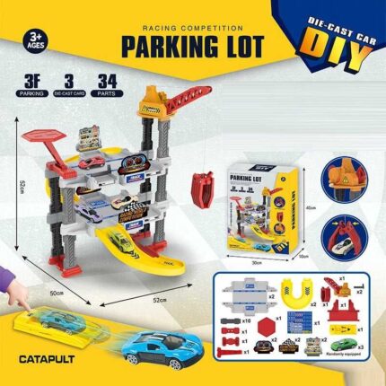 Трек 939-303 (30) парковка, 34 елементи, механічний підйомник, катапульта, 3 металопластикові машинки, в коробці