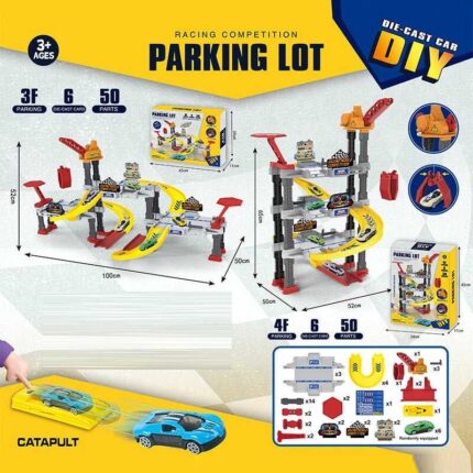 Трек 939-304 (24) парковка, 50 елементів, механічний підйомник, катапульта, 6 металопластикових машин, в коробці