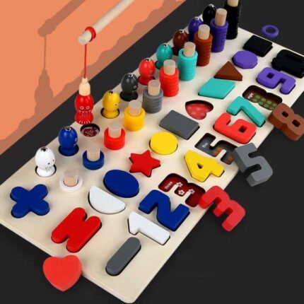 Логічна дошка C 74256 (30) дерев’яна, 89 деталей, цифри, геометричні форми, магнітна риболовля, гра з кілочками, в коробці